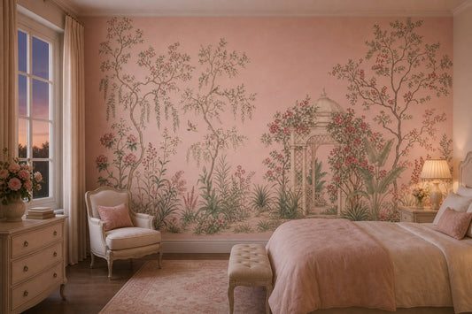 Garden Landscape Wallpaper Pastel Pink Vintage Mural Removable Wall Decor