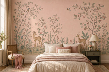 Toile Landscape Wallpaper Blush Pink Vintage Botanical Wall Mural