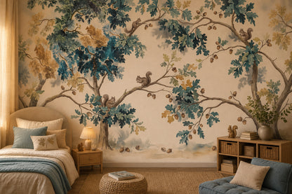 Watercolor Oak Trees Wallpaper Squirrels Nature Landscape Removable Wall Decor