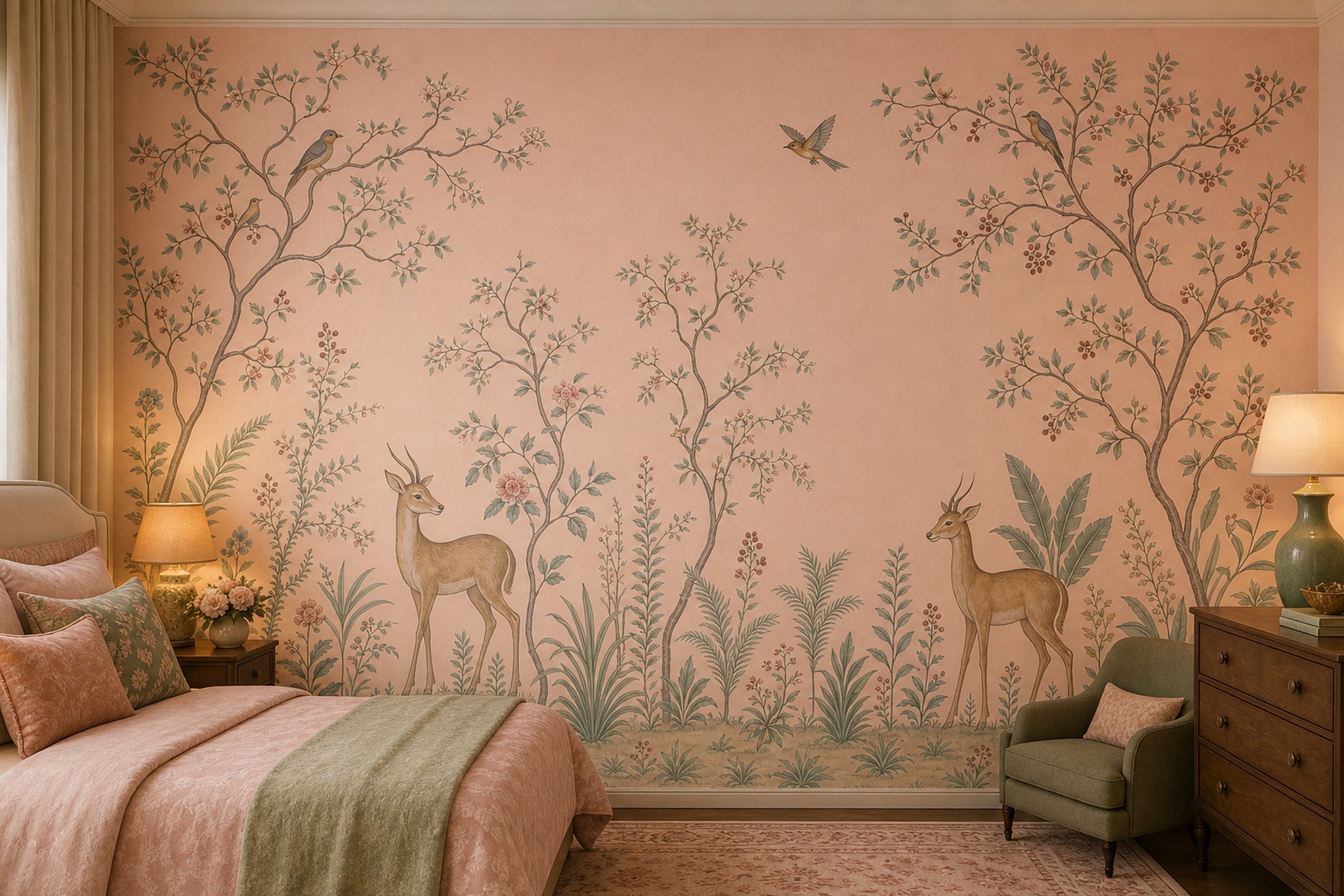 Toile Landscape Wallpaper Blush Pink Vintage Botanical Wall Mural