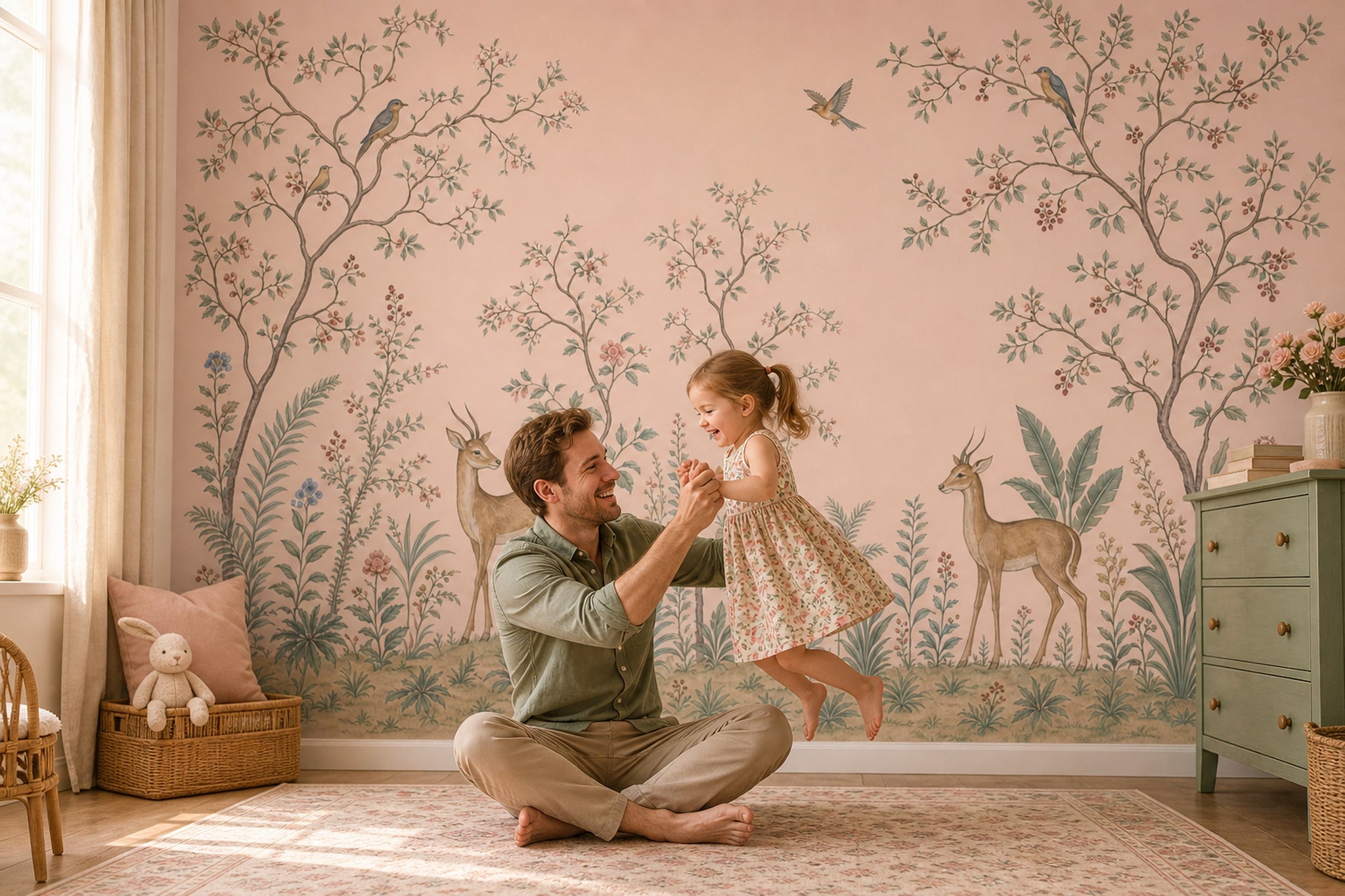 Toile Landscape Wallpaper Blush Pink Vintage Botanical Wall Mural