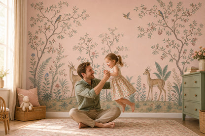 Toile Landscape Wallpaper Blush Pink Vintage Botanical Wall Mural