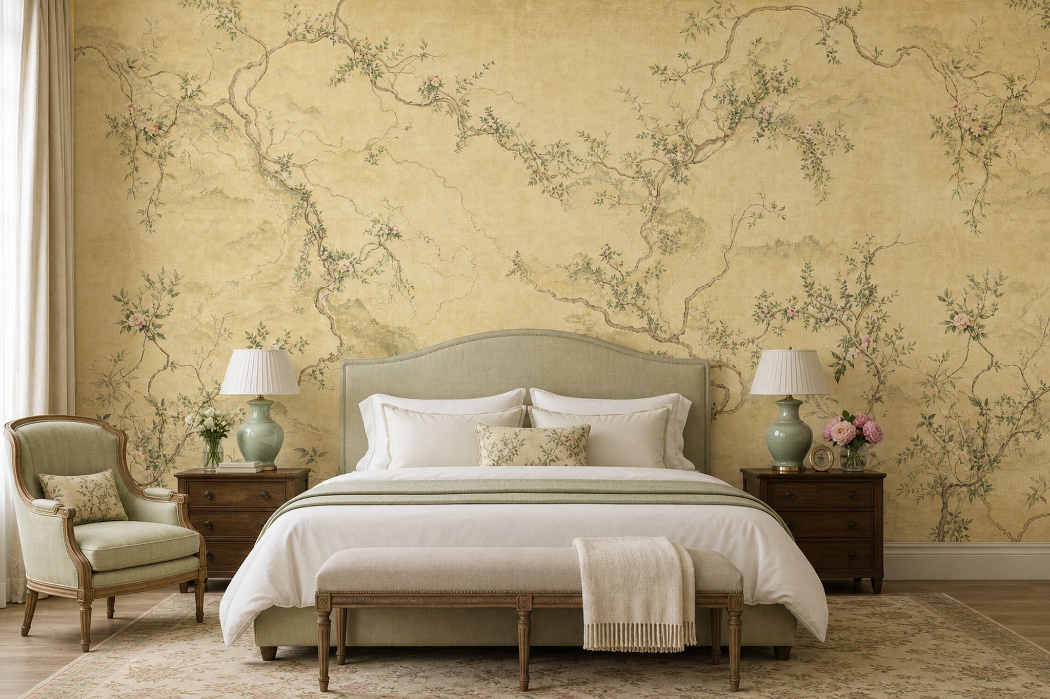 Chinoiserie Wallpaper Pink Blossoms Misty Mountains Removable Wall Decor