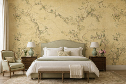 Chinoiserie Wallpaper Pink Blossoms Misty Mountains Removable Wall Decor
