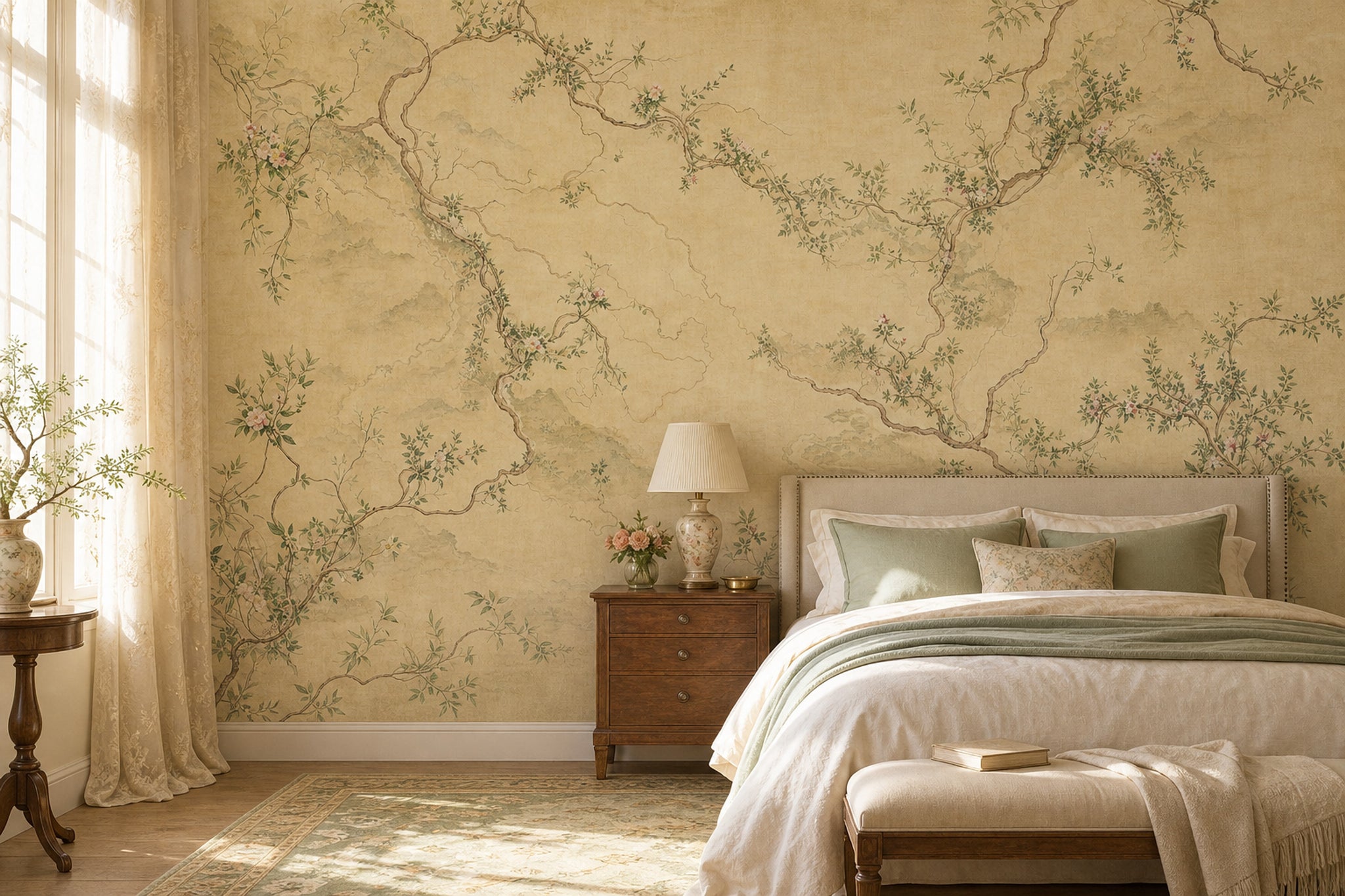 Chinoiserie Wallpaper Pink Blossoms Misty Mountains Removable Wall Decor