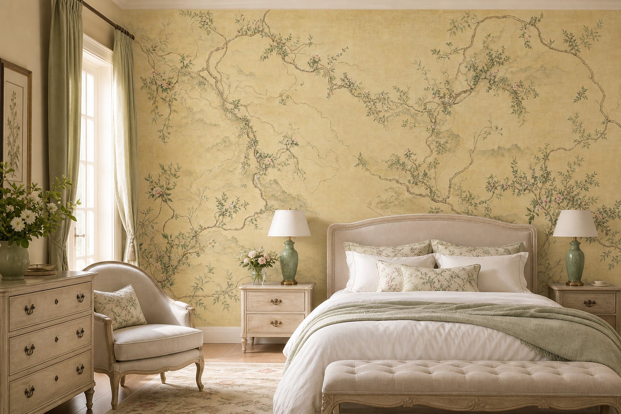 Chinoiserie Wallpaper Pink Blossoms Misty Mountains Removable Wall Decor