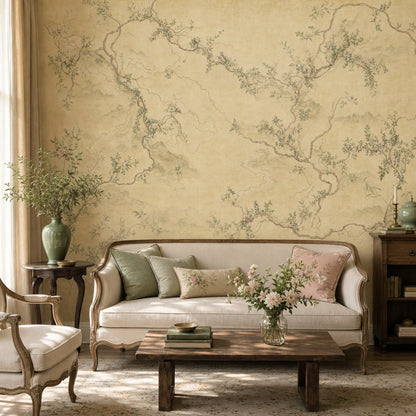 Chinoiserie Wallpaper Pink Blossoms Misty Mountains Removable Wall Decor