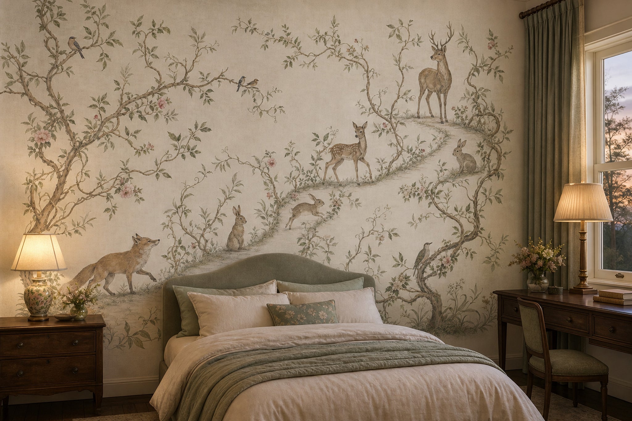 Woodland Toile Wallpaper Pastoral Landscape Removable Deer And Fawn Wall Decor