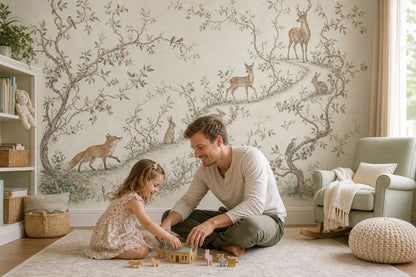 Woodland Toile Wallpaper Pastoral Landscape Removable Deer And Fawn Wall Decor