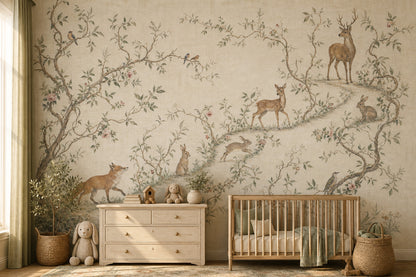 Woodland Toile Wallpaper Pastoral Landscape Removable Deer And Fawn Wall Decor