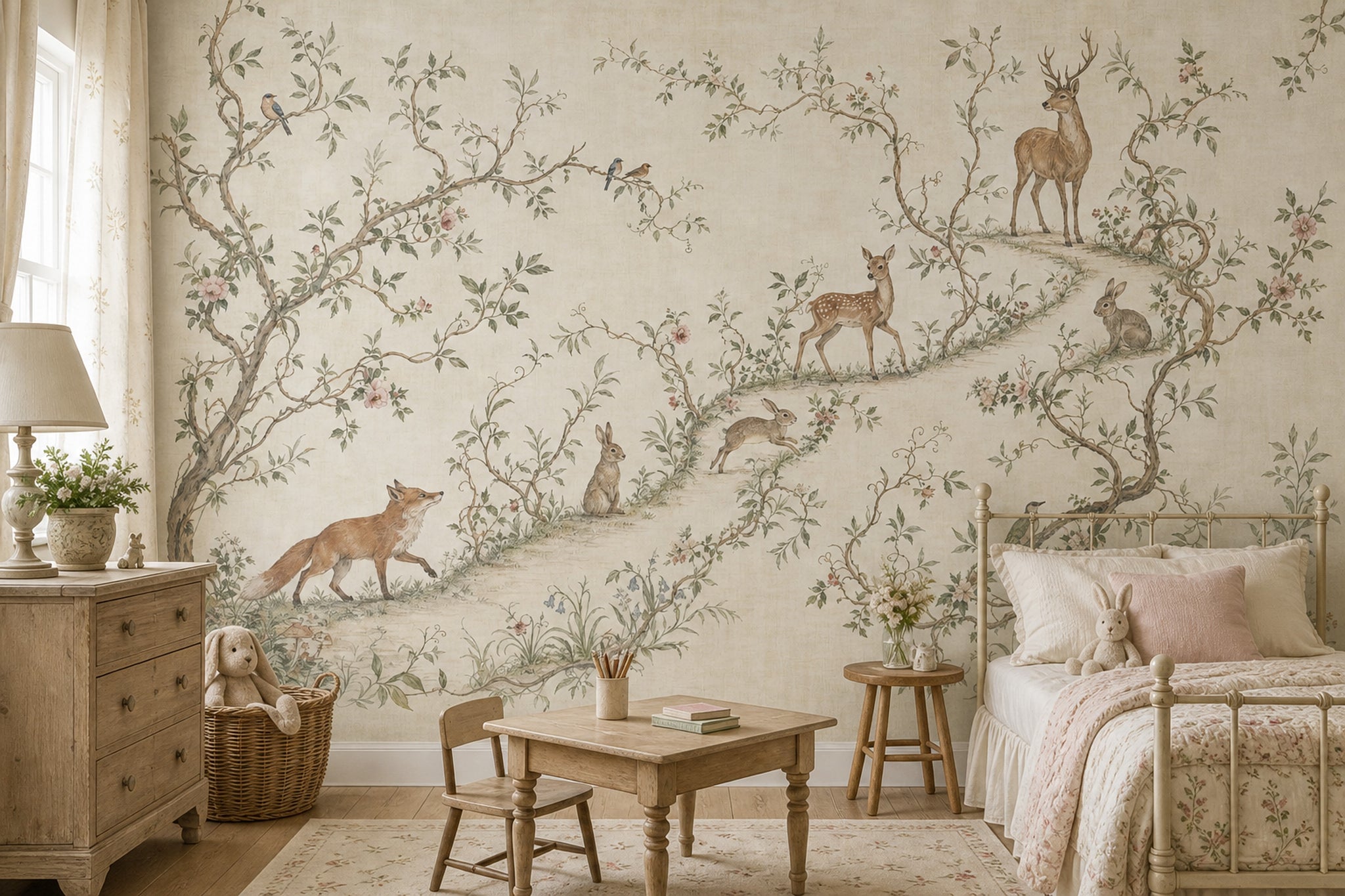 Woodland Toile Wallpaper Pastoral Landscape Removable Deer And Fawn Wall Decor