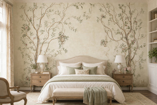 Botanical Mural Wallpaper Cream Background Twisting Trees Wall Mural