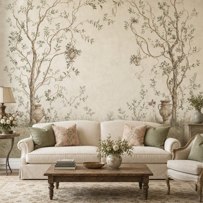 Botanical Mural Wallpaper Cream Background Twisting Trees Wall Mural