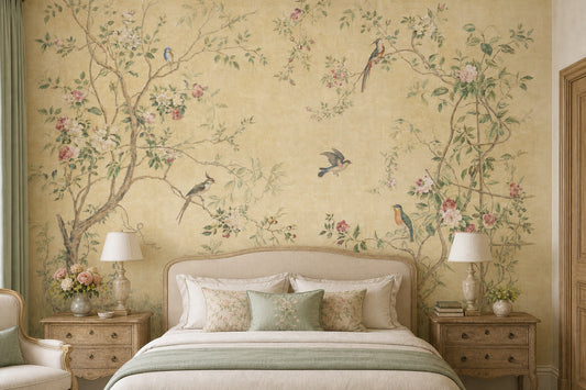 Vintage Floral Wallpaper Birds On Branches Chinoiserie Inspired Removable Wall Decor