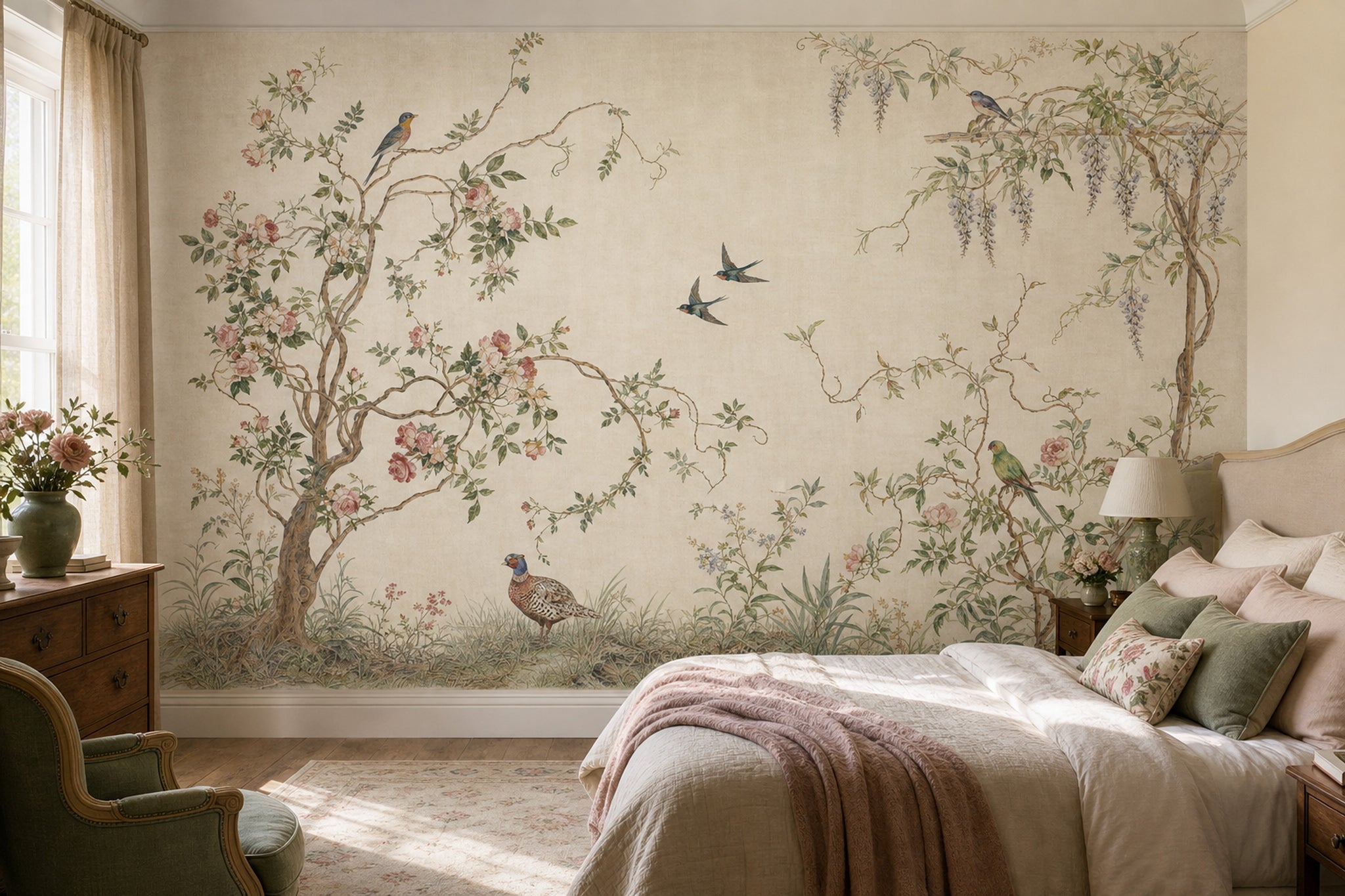 Muted Green Wallpaper Botanical Chinoiserie Wall Mural