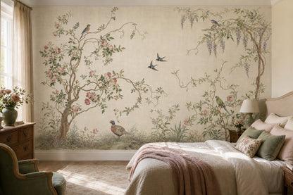 Muted Green Wallpaper Botanical Chinoiserie Wall Mural
