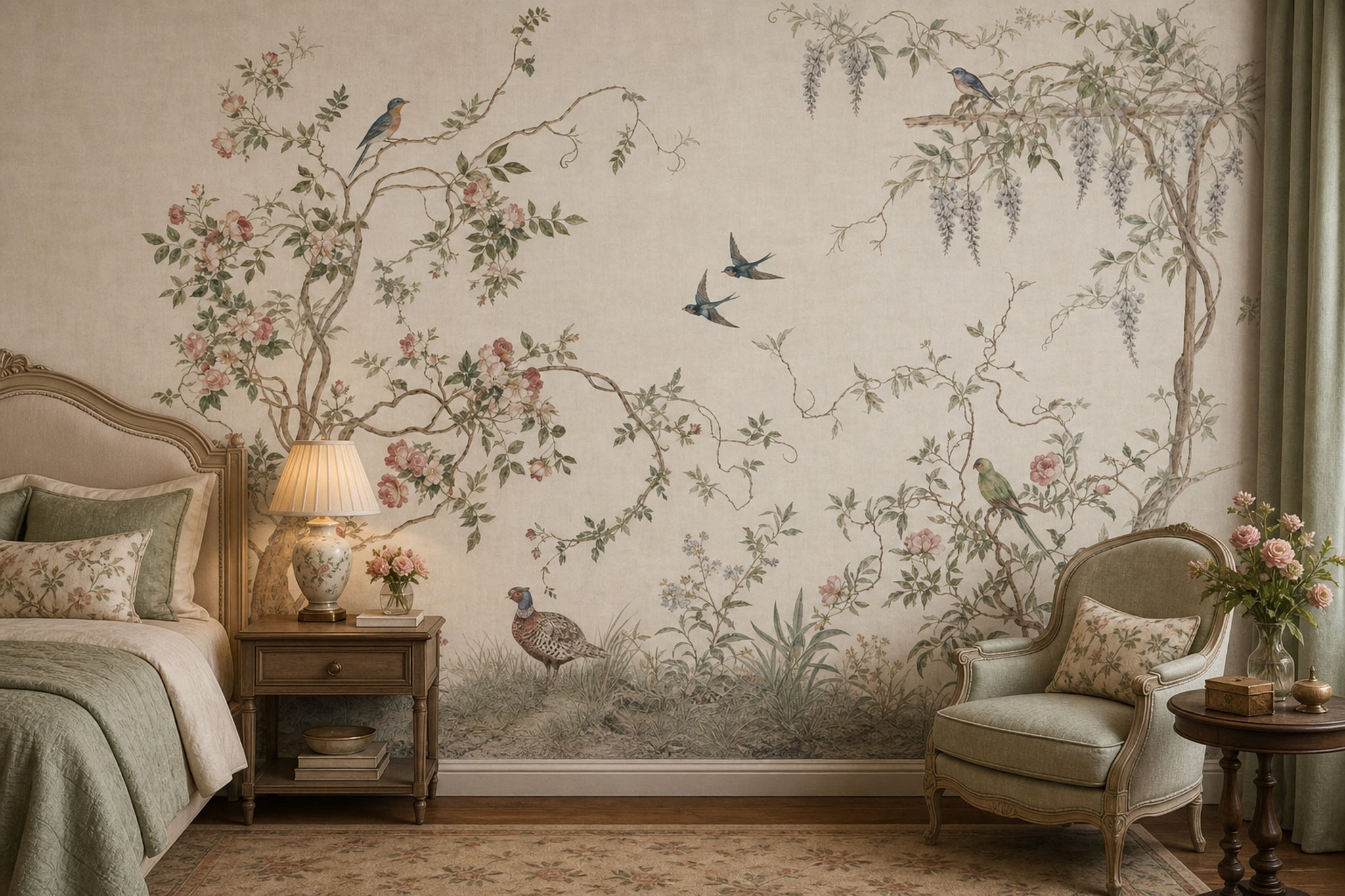 Muted Green Wallpaper Botanical Chinoiserie Wall Mural