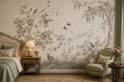 Muted Green Wallpaper Botanical Chinoiserie Wall Mural