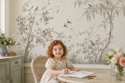 Muted Green Wallpaper Botanical Chinoiserie Wall Mural