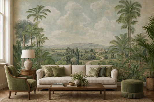 Tropical Landscape Mural Wallpaper Palm Trees Removable Vintage Illustration Wall Decor