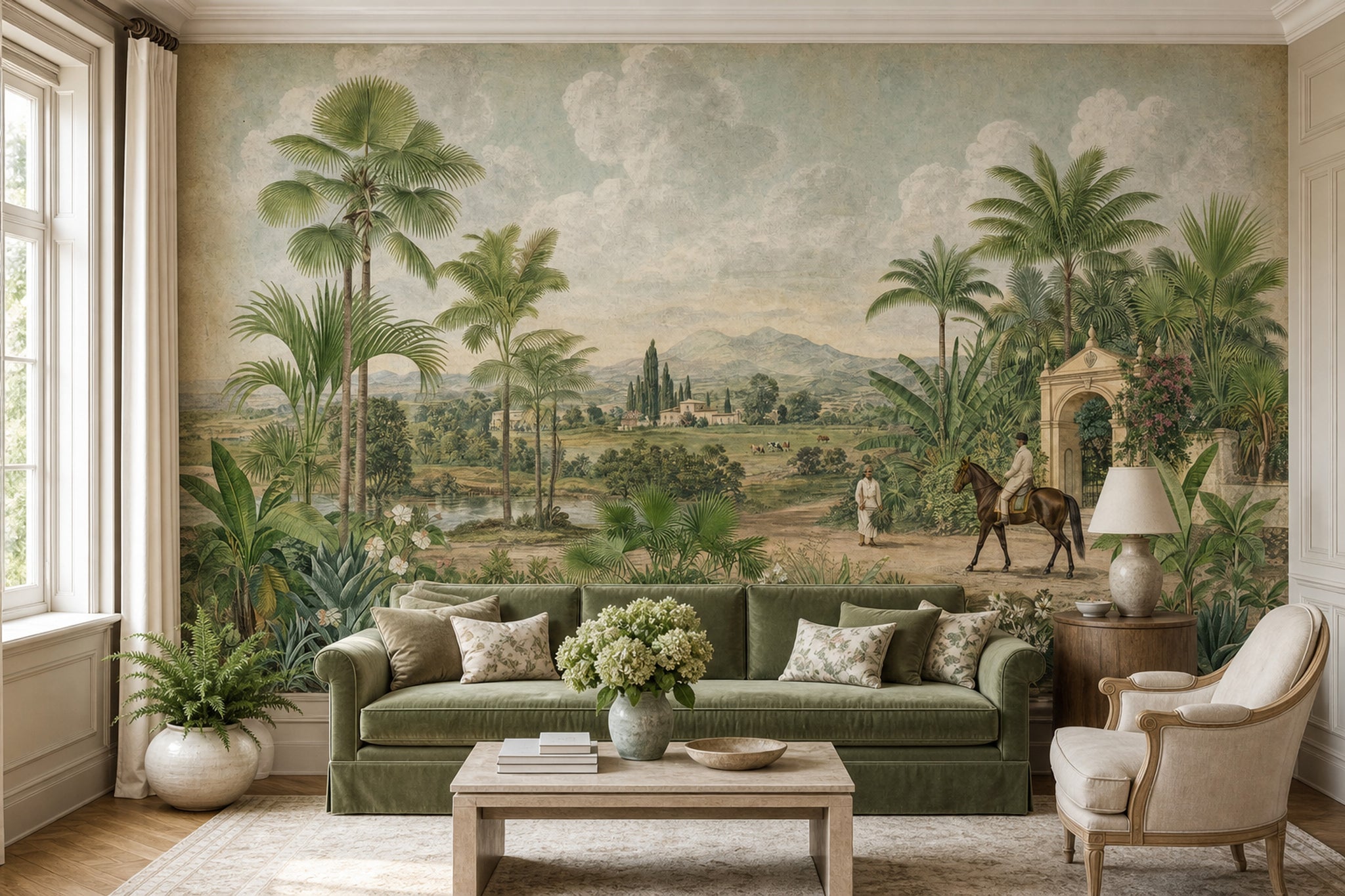 Muted Green Wallpaper Botanical Tropical Wall Mural