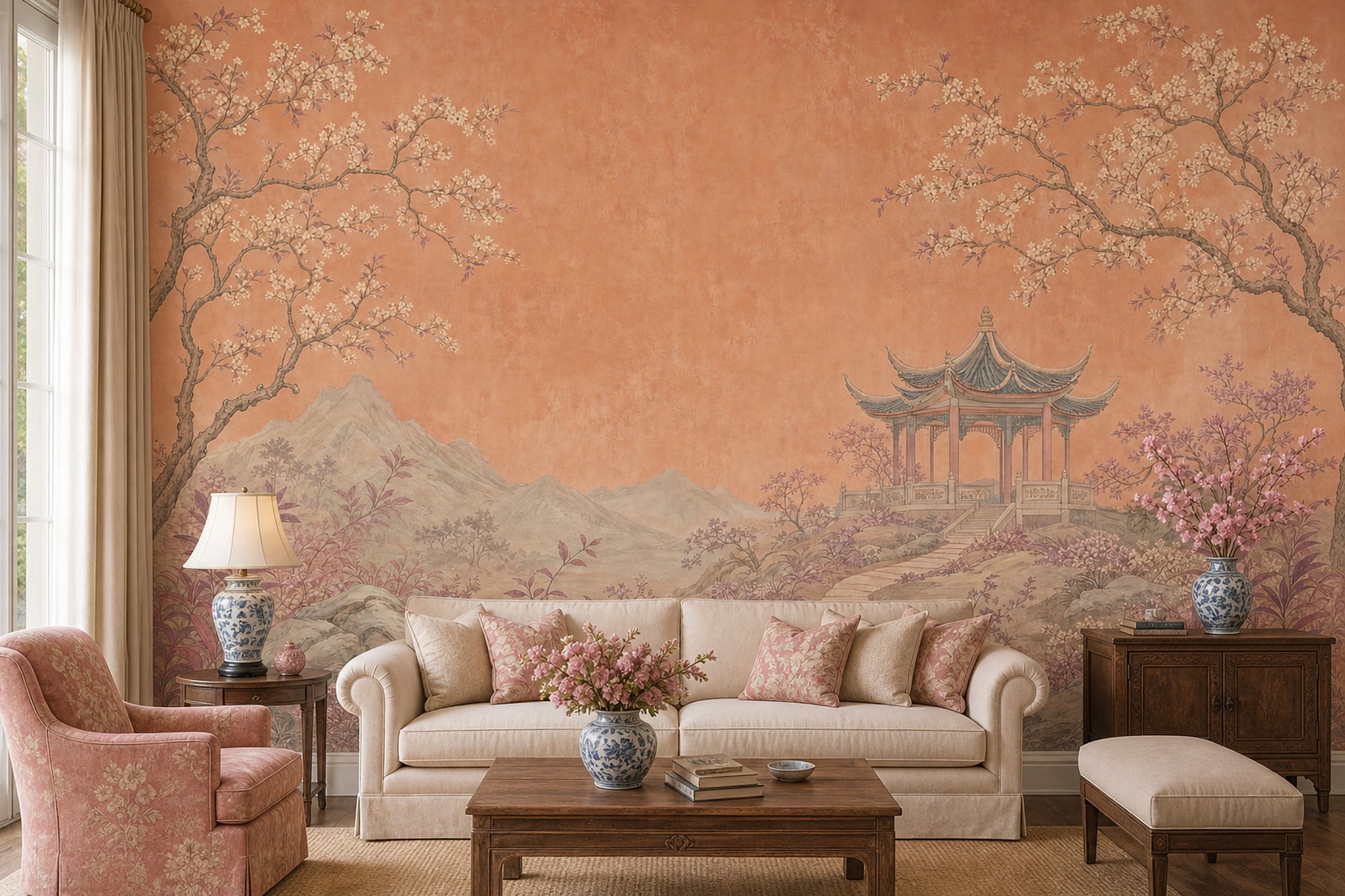 Asian Landscape Wallpaper Pavilion Gazebo Removable Chinoiserie Wall Decor