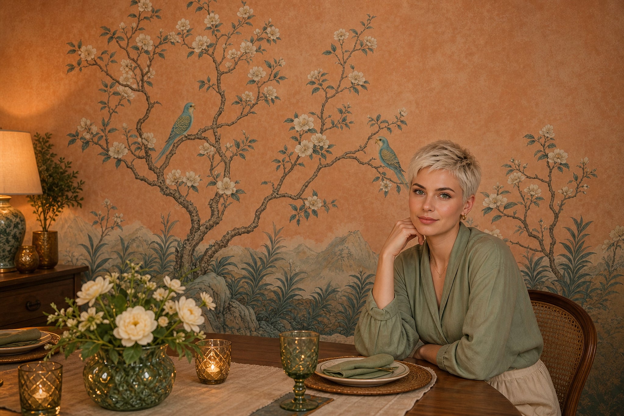 Muted Green Wallpaper Chinoiserie Tropical Removable Wall Decor