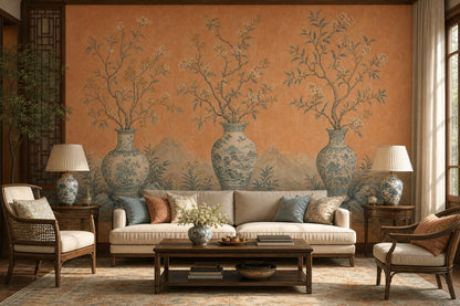Chinoiserie Wallpaper Porcelain Vases Oriental Landscape Wall Mural