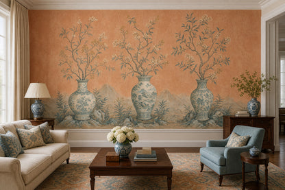 Chinoiserie Wallpaper Porcelain Vases Oriental Landscape Wall Mural