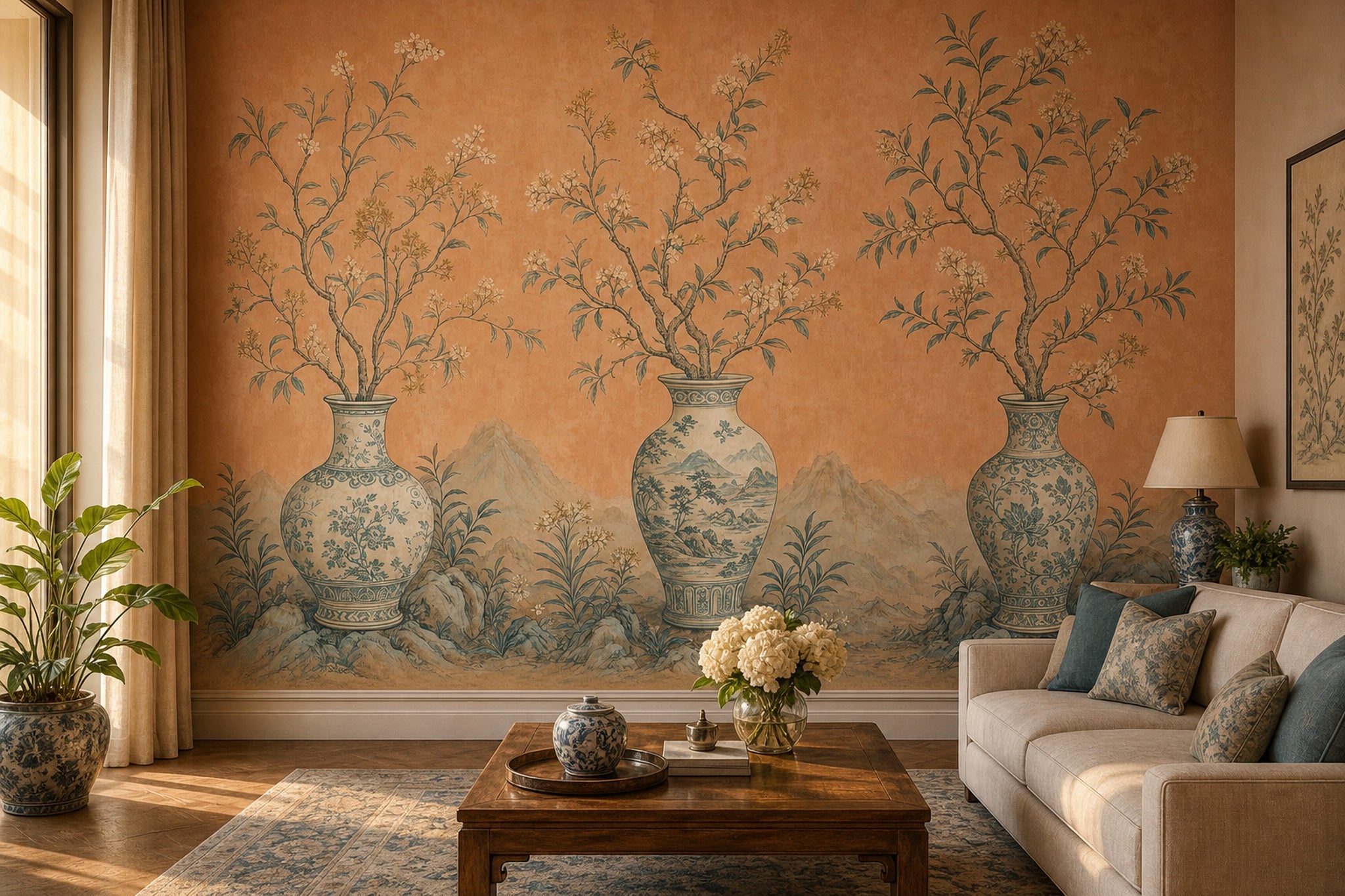 Chinoiserie Wallpaper Porcelain Vases Oriental Landscape Wall Mural