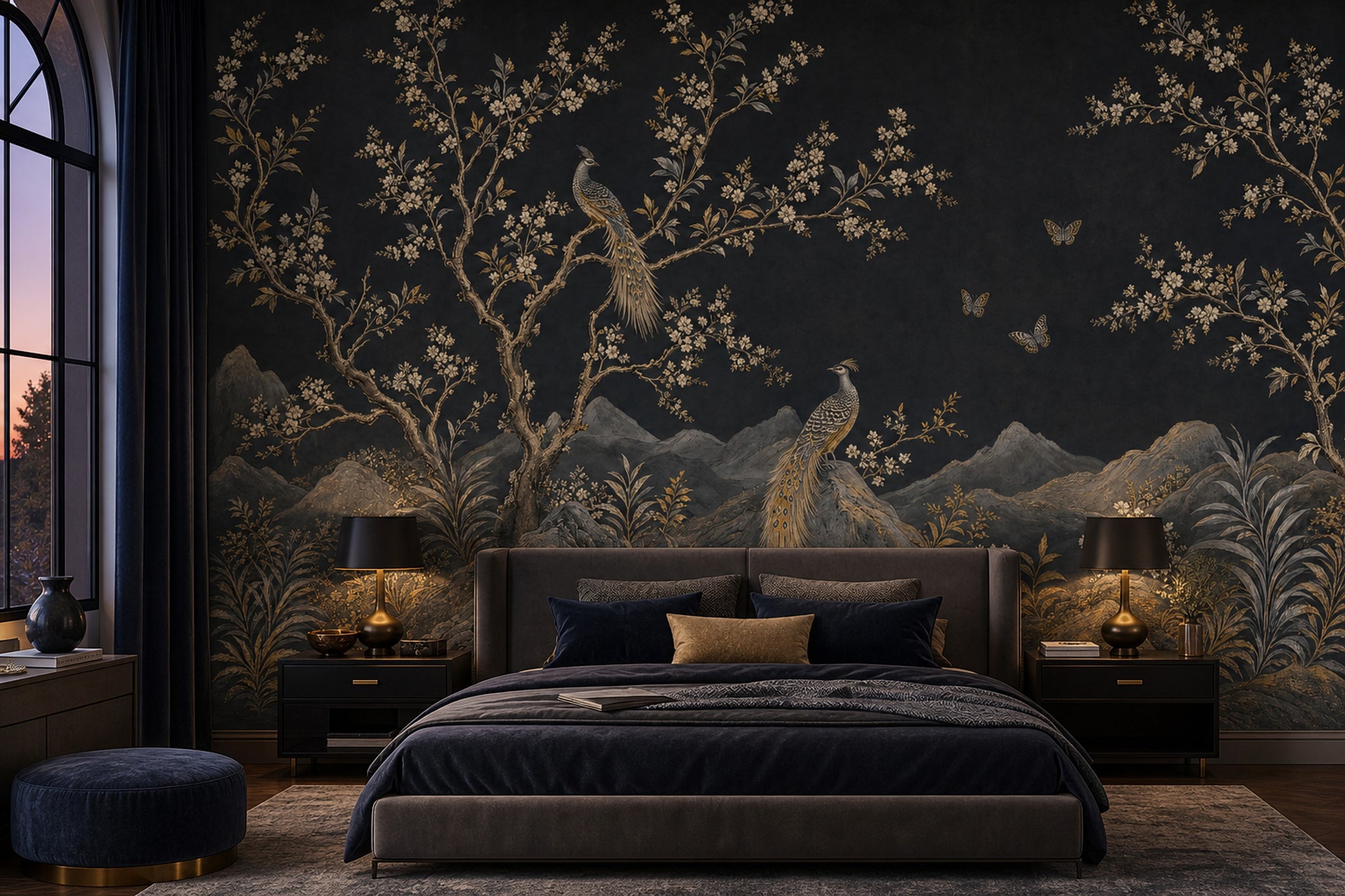 Night Landscape Wallpaper Blossom Branches Removable Gold Accents Wall Decor