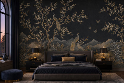 Night Landscape Wallpaper Blossom Branches Removable Gold Accents Wall Decor