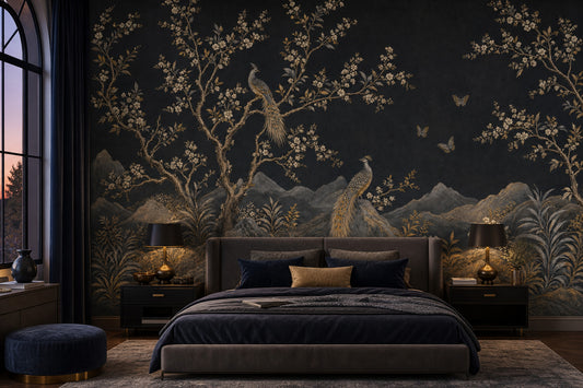 Night Landscape Wallpaper Blossom Branches Removable Gold Accents Wall Decor