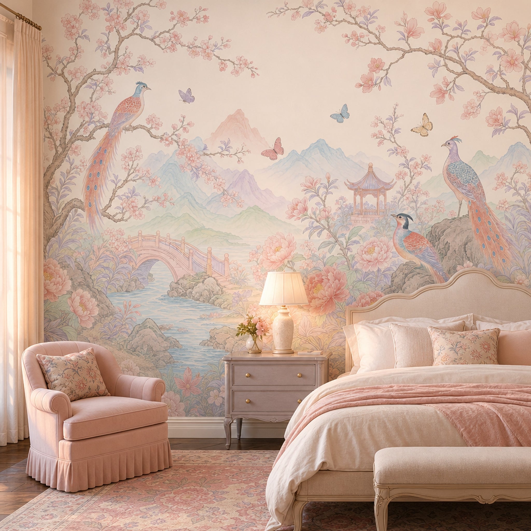 Chinoiserie Wallpaper Pastel Floral Landscape Removable Wall Decor