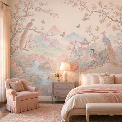 Chinoiserie Wallpaper Pastel Floral Landscape Removable Wall Decor