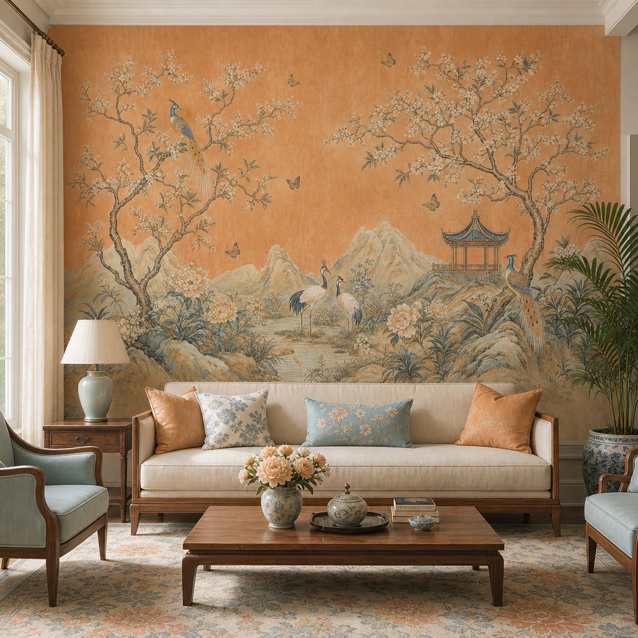 Chinoiserie Wallpaper Asian Landscape Terracotta Background Wall Mural