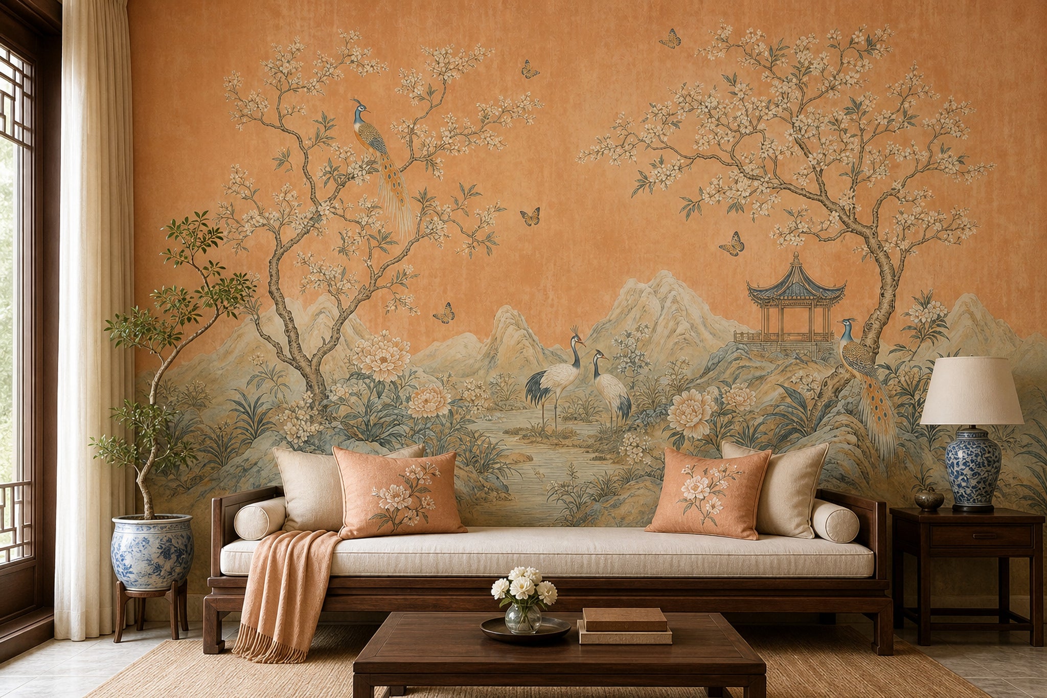Chinoiserie Wallpaper Asian Landscape Terracotta Background Wall Mural