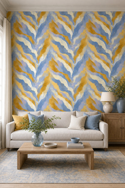 Abstract Brushstrokes Wallpaper Wavy Stripes Blue And Gold Removable Wall Decor