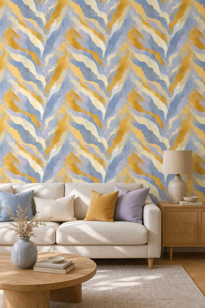 Abstract Brushstrokes Wallpaper Wavy Stripes Blue And Gold Removable Wall Decor