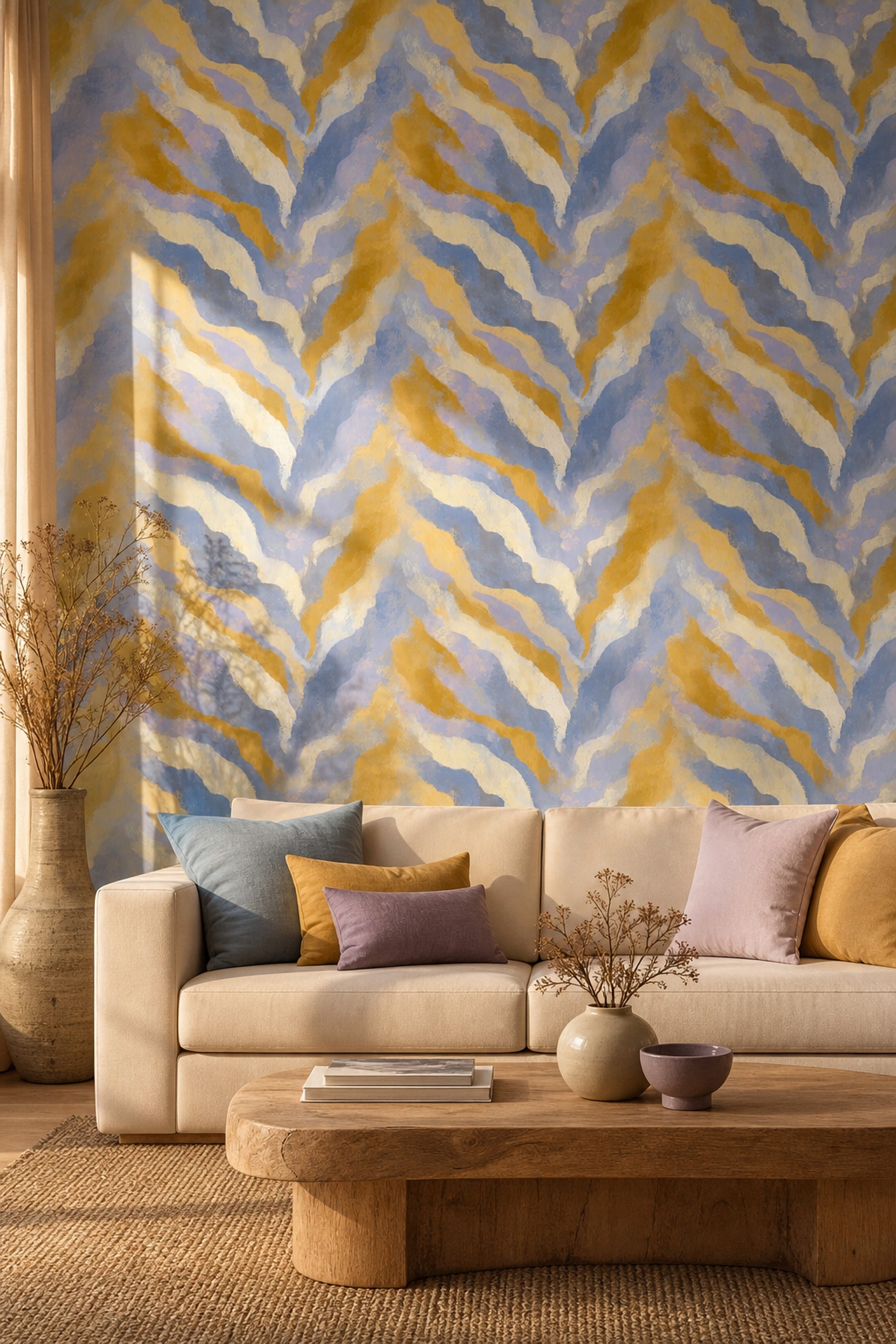 Abstract Brushstrokes Wallpaper Wavy Stripes Blue And Gold Removable Wall Decor