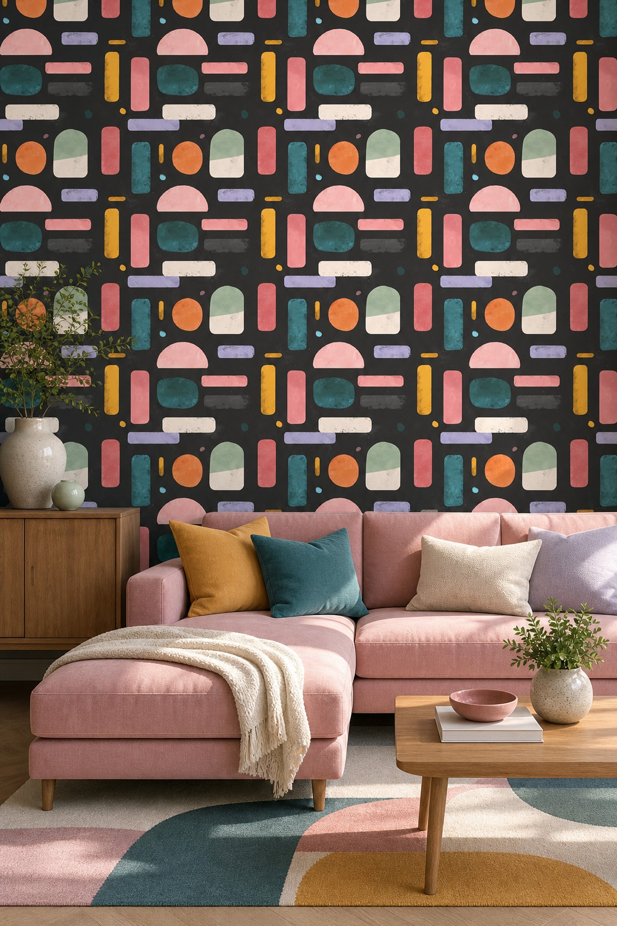 Mid-Century Modern Wallpaper Retro Removable Geometric Wall Double Roll