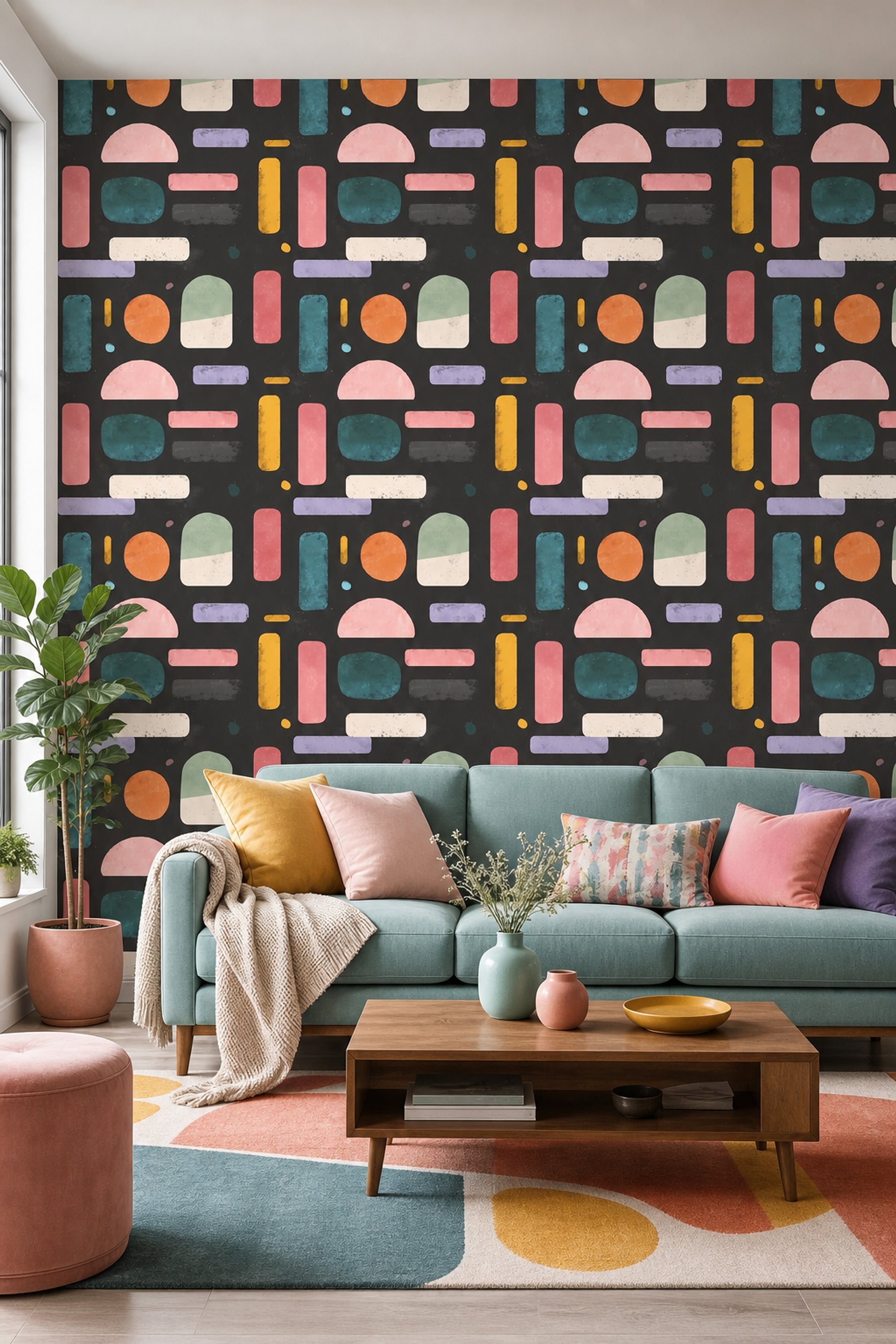 Mid-Century Modern Wallpaper Retro Removable Geometric Wall Double Roll