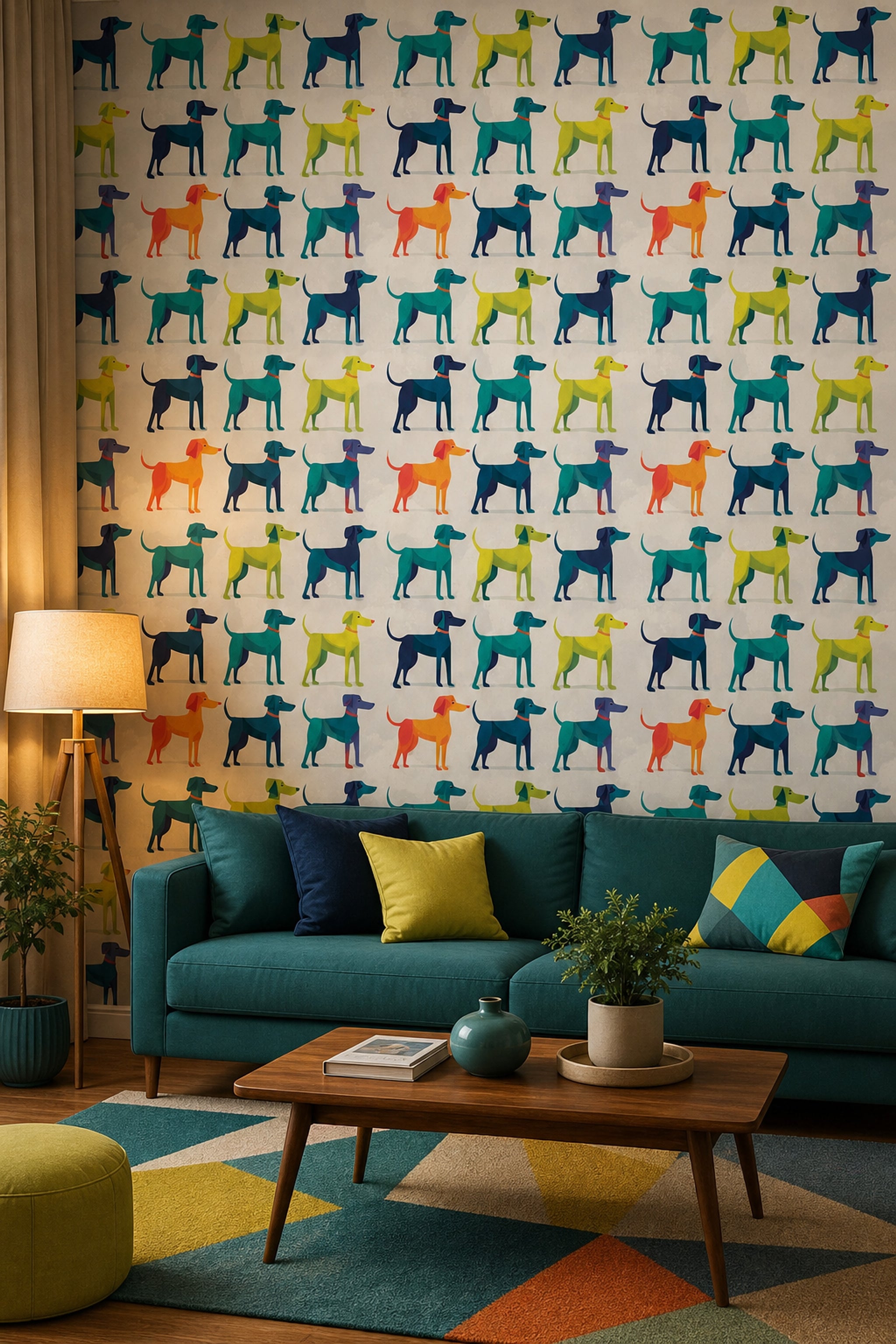 Playful Dogs Wallpaper Animal Print Geometric Illustration Decorative Mural