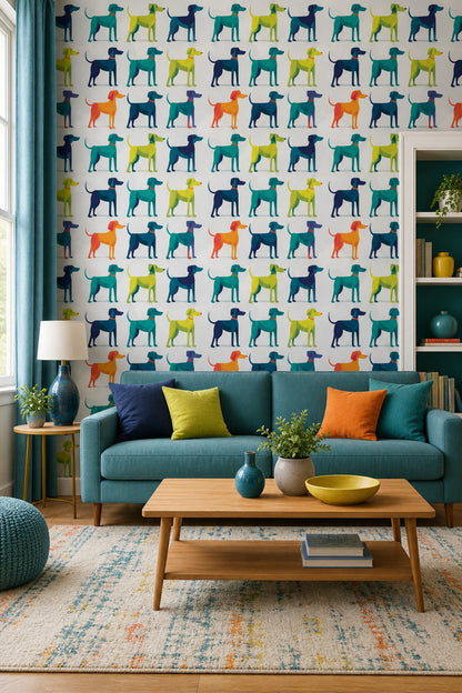 Playful Dogs Wallpaper Animal Print Geometric Illustration Decorative Mural