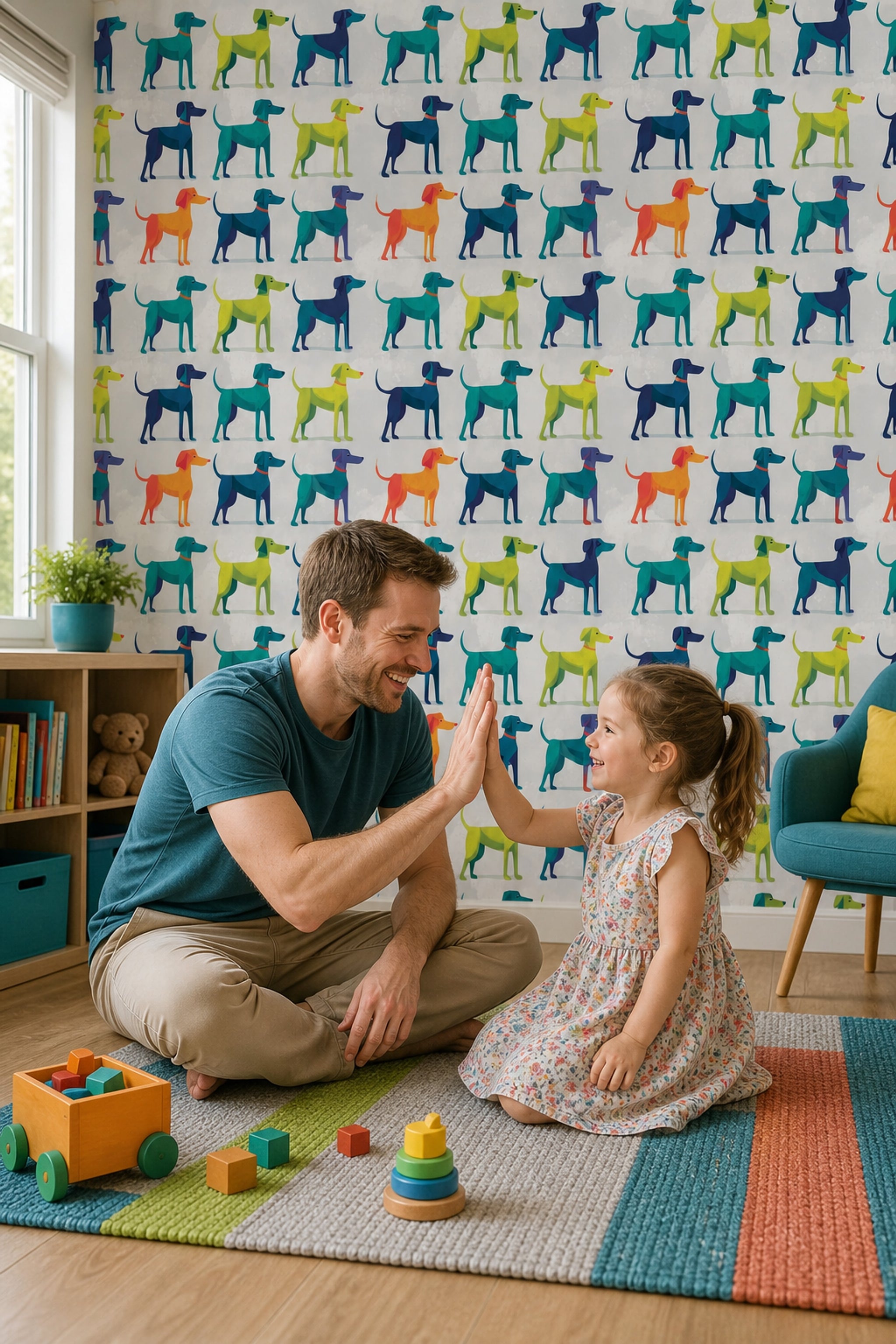 Playful Dogs Wallpaper Animal Print Geometric Illustration Decorative Mural