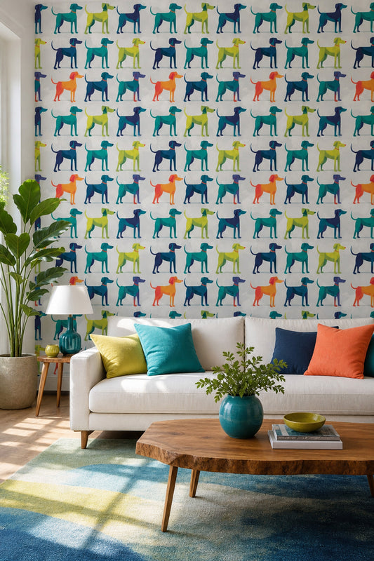 Playful Dogs Wallpaper Animal Print Geometric Illustration Decorative Mural