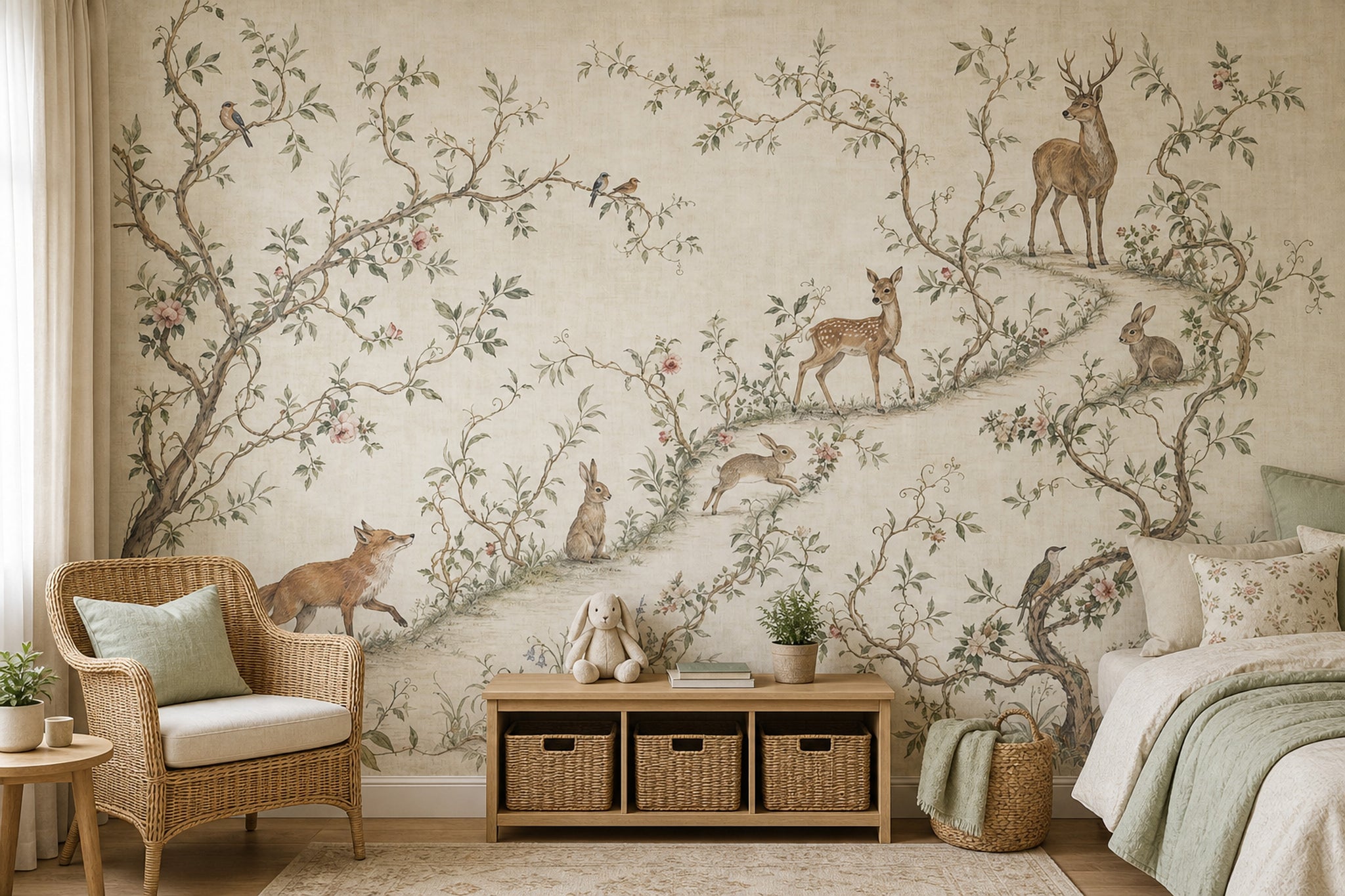 Woodland Toile Wallpaper Pastoral Landscape Removable Deer And Fawn Wall Decor