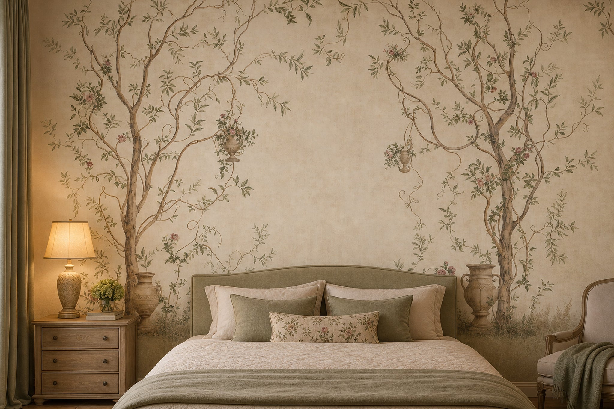 Botanical Mural Wallpaper Cream Background Twisting Trees Wall Mural