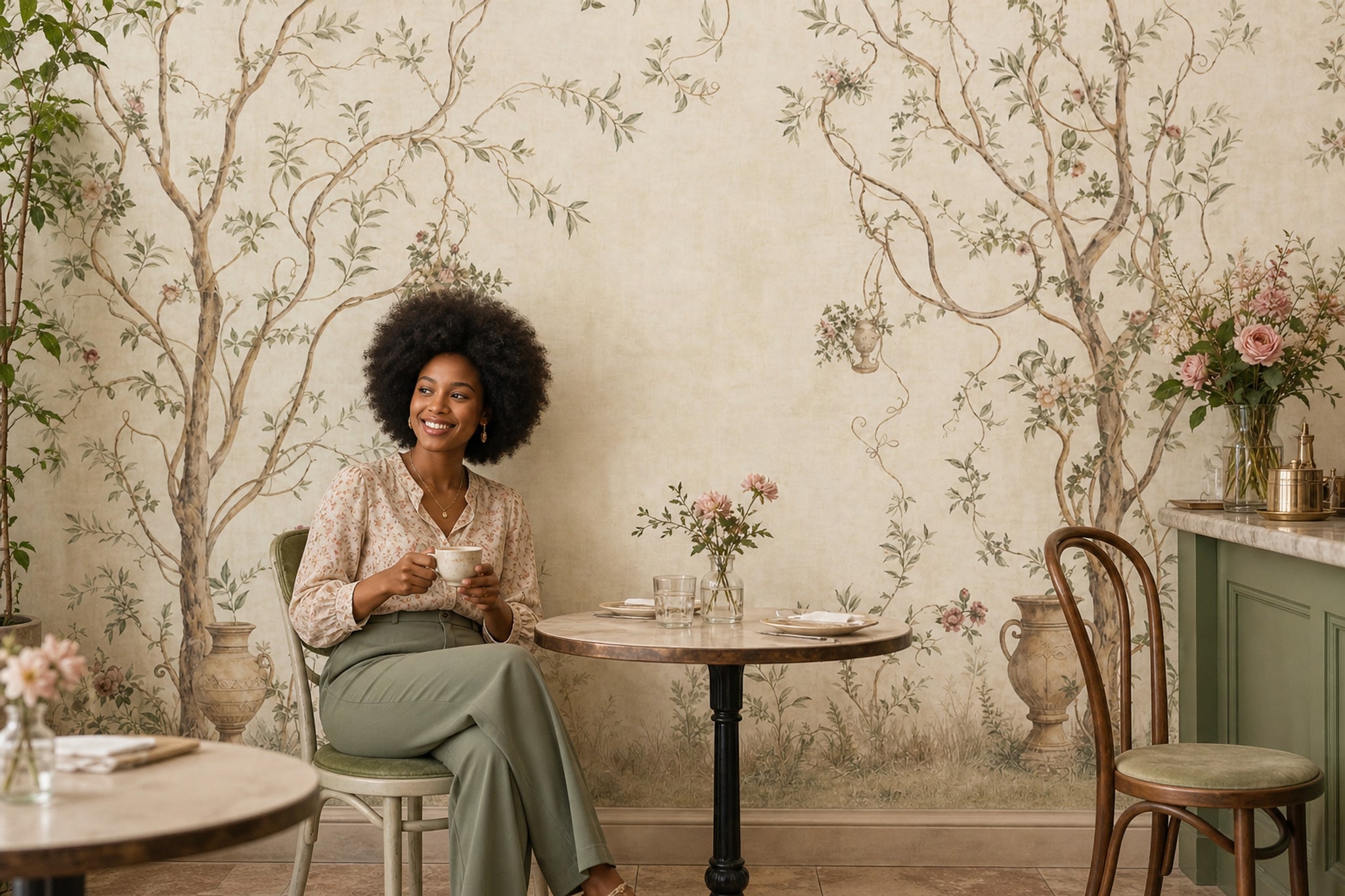 Botanical Mural Wallpaper Cream Background Twisting Trees Wall Mural