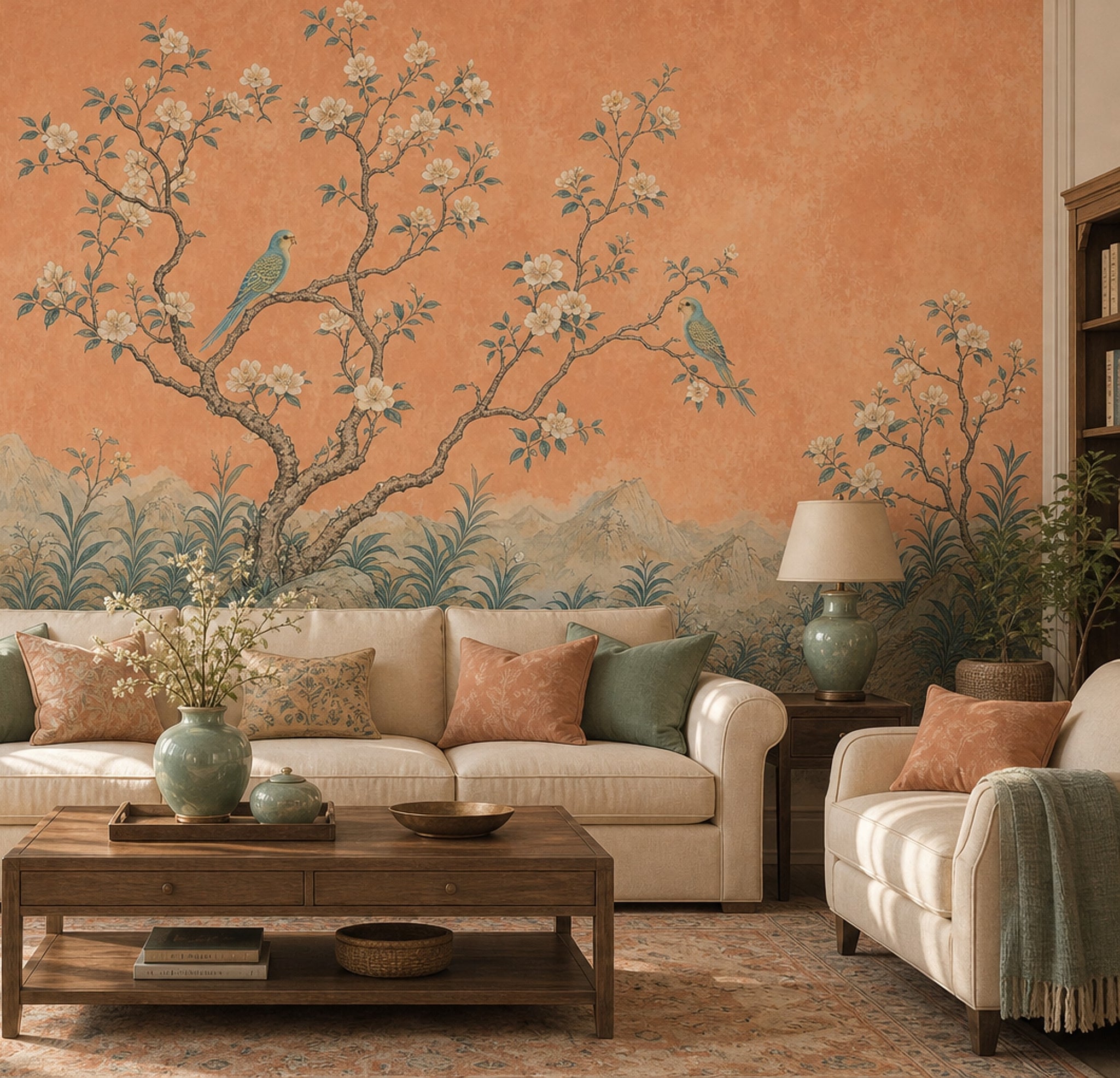 Muted Green Wallpaper Chinoiserie Tropical Removable Wall Decor